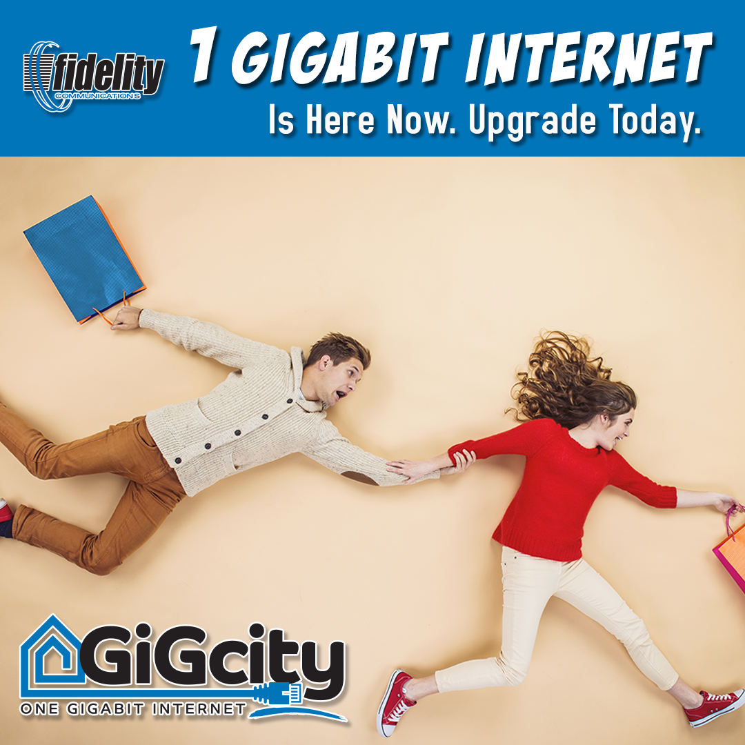 visual with people who are excited; wording on visual: 1 gigabit internet is here now. upgrade today. GigCity One Gigabit Internet