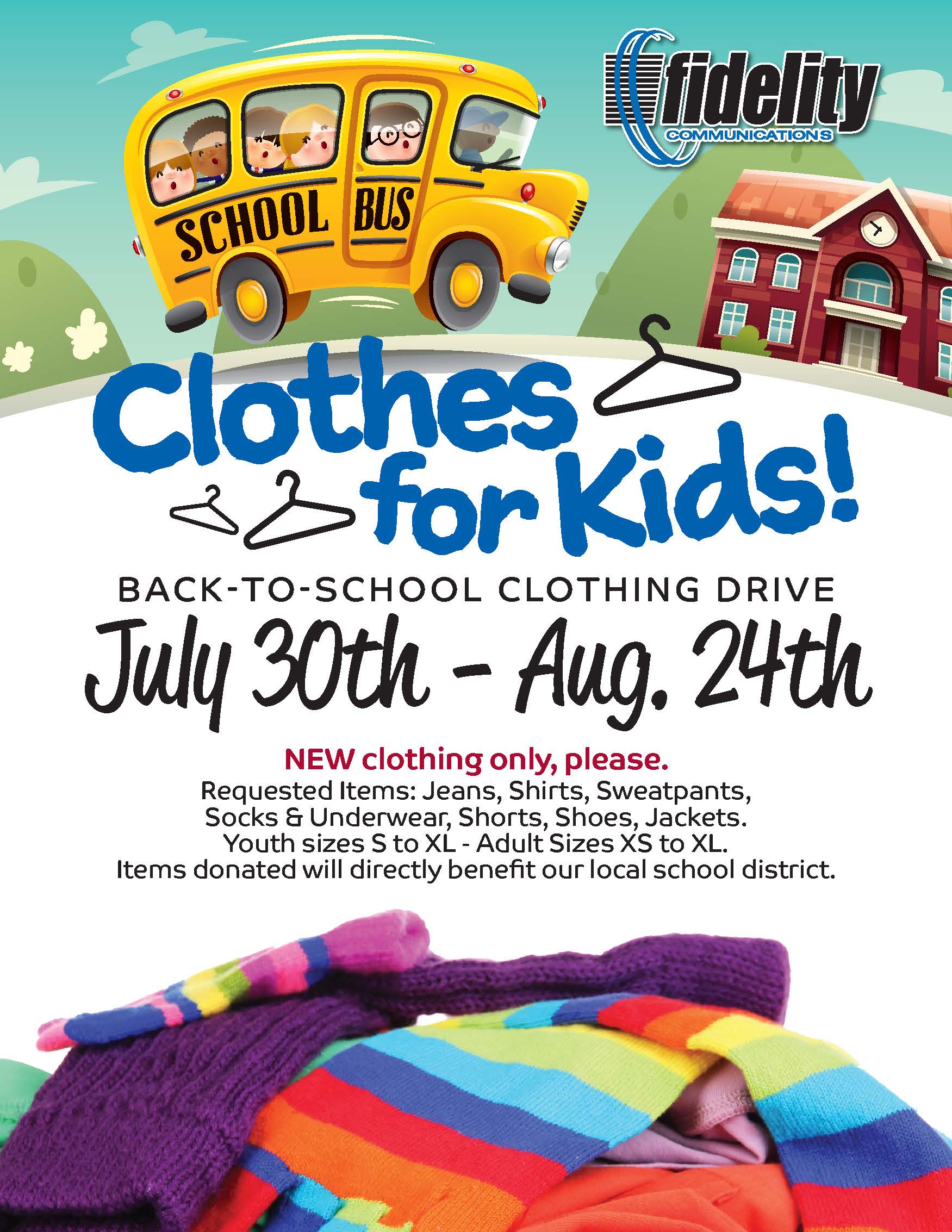 flyer style visual announcing back to school clothing drive from July 30 to Aug 24 new clothing only