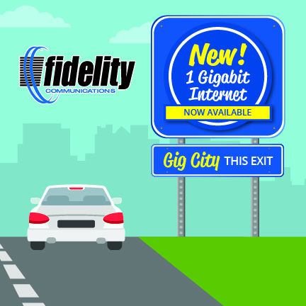 visual of car and billboard, billboard says: New 1 gigabit internet now available gig city this exit